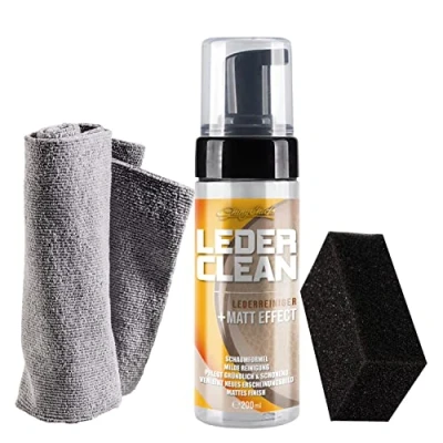 Abbildung von ShinyChiefs Leder CLEAN Set Schaumreinigerset für Ledersitze und Lenkräder mattierender Lederreiniger Autositze Glattleder, aus Pumpspender 200ml, Auftragsschwamm Microfasertuch
