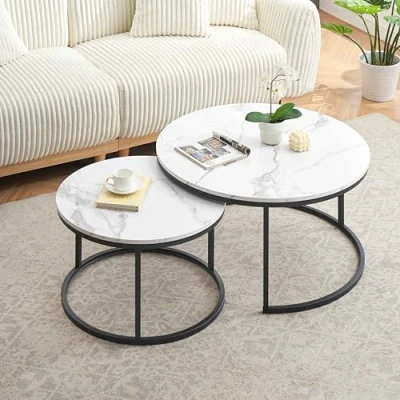 Abbildung von Ginhow Couchtisch Marmor Optik Satztische fürs Wohnzimmer ø 80 + 60 Groß Tisch Rund MDF Coffee Table Weiß Marmoroptik und Schwarz Stahl Gestell