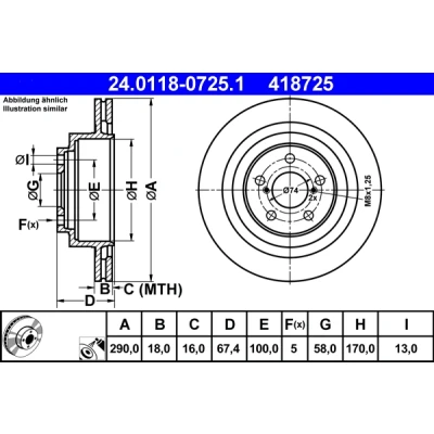 Abbildung von ATE 24.0118 0725.1 Bremsscheibe 290,0 18,0 5 100,0 Belüftet beschichtet SUBARU: Impreza II Limousine, Legacy 4 Kombi, Kombi