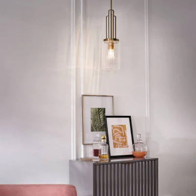 Abbildung von Elstead Lighting QN Kimrose MP BNB QUINTIESSE Hängeleuchte E27 1x40W Stahl, Messing gebürstet; Glas klar, geriffelt H:59.3cm Ø17.8cm dimmbar