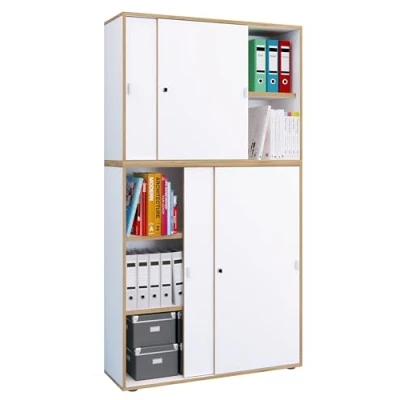 Abbildung von VCM Holz Büroschrank Ordner Aktenschrank Büromöbel Schrank Salia 5 Fach Breite 100 cm Schiebetüren Weiß