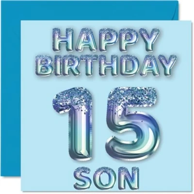 Abbildung von Stuff4 Geburtstagskarte zum 15. Geburtstag für Sohn, blaue Glitzer Party Luftballons, Happy Birthday Karten den von Mama Papa Eltern, 145 mm x