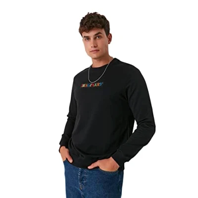 Abbildung von Trendyol Herren Rundhalsausschnitt mit Spruch Regular Sweatshirt, Schwarz, L, Schwarz
