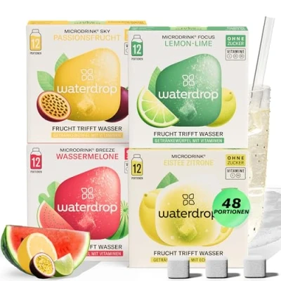 Abbildung von waterdrop® Microdrink Tropical Mix, 48 Waterdrop Drops Würfel, 4 fruchtige Sorten inklusive Eistee ZITRONE, Zuckerfreies Getränkpulver, Geschmack für Wasser, kalorienarm und wertvolle Vitamine