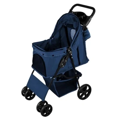 Abbildung von Haustierwagen mit der Fronttasche, abnehmbar, marineblau, faltbarer Träger, 15 kg Kapazität, Räder, Bremsen, Netzfenster, Korb, Getränkehalter, Taschen und wasserdichter Regenschutz
