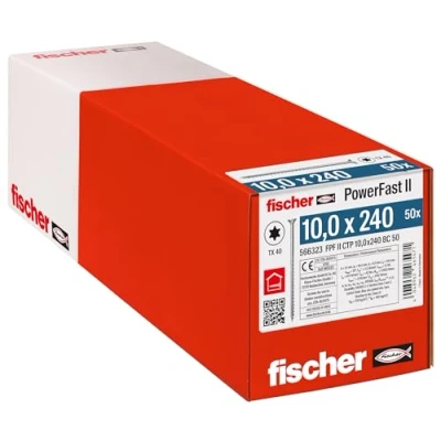 Abbildung von fischer PowerFast II CTP 10,0 x 240, kraftvolle Holzbauschraube mit Senkkopf, Innenstern Aufnahme und Teilgewinde, für den konstruktiven Holzbau, 50 Stk.