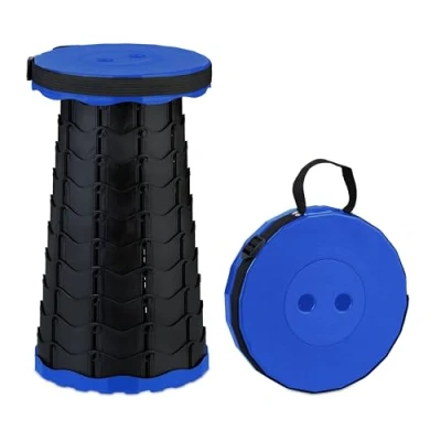 Abbildung von Relaxdays Teleskophocker, faltbar, Tragegurt, Outdoor, höhenverstellbarer Campinghocker, HBT 44,5x25x25 cm, blau/schwarz