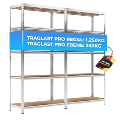 Abbildung von ALL Premium Schwerlastregal 2er Set 180x90x40cm Silber Bis 1250 kg belastbar, höhenverstellbar, Stecksystem, ideal für Lager, Garage &amp; Keller