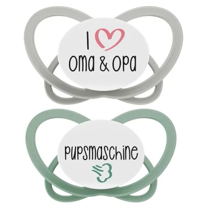 Abbildung von NIP Butterfly: Haut &amp; zahnfreundlicher Schnuller, flacher Sauger, weich flexibel, Scheibe extra leicht luftdurchlässig, BPA frei, nachhaltig, mit Box, 5 18 Monate, Oma&amp;Opa/Pupsmaschine