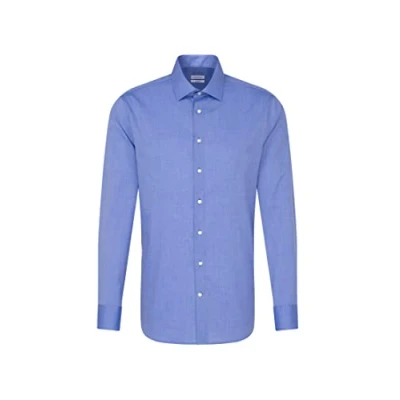 Abbildung von Seidensticker Herren Business Hemd Shaped Fit Bügelfrei Kent Kragen Langarm 100% Baumwolle Blau (Mittelblau 14) 37