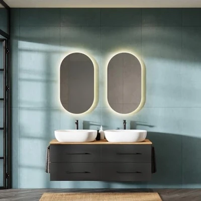 Abbildung von Planetmöbel LUX Badmöbel Set Waschbecken mit Unterschrank 140 cm, 2 Aufsatz 60cm weiß, Spiegel 50 cm (ohne LED) Waschbeckenunterschrank Gold Eiche/Anthrazit