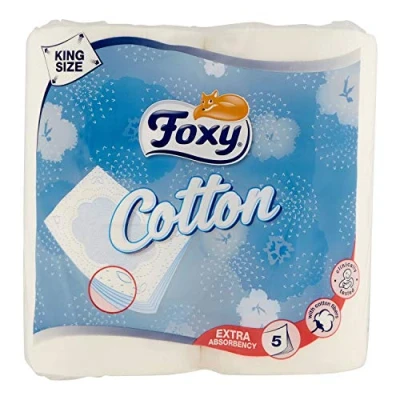 Abbildung von FOXY COTTON 4er Pack Toilettenpapaier, klinisch getestet, extra saugfähig, weich, stark, 5 lagige Toilettenpapierrollen aus Frischzellstoff mit 120 Blatt 7 x cm Weiß