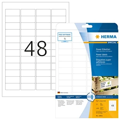 Abbildung von HERMA 10902 Power Etiketten, 25 Blatt, 45,7 x 21,2 mm, 48 pro A4 Bogen, 1200 Stück, selbstklebend, bedruckbar, extrem stark haftend, blanko Papier Klebeetiketten Aufkleber, weiß