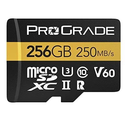 Abbildung von microSD Card V60 (256GB) getestet für SD Kartengeräte in voller Größe Bis zu 250MB/s Lesen, 130MB/s Schreiben von ProGrade Digital