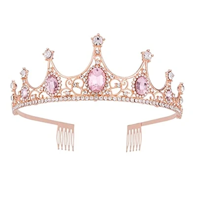 Abbildung von Vofler Roségold Tiara Krone mit rosa Kristall Barock Vintage Grün Strass Stirnband für Frauen Königin Dame Mädchen Braut Prinzessin Geburtstag Hochzeit Festzug Halloween Kostüm Party Kamm