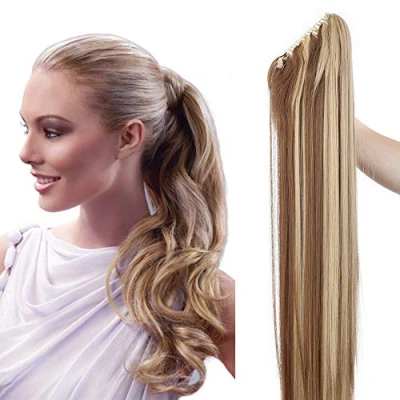 Abbildung von SEGO Ponytail Extension Pferdeschwanz Haarteil Haarverlängerung Zopf mit Butterfly Klammer Hair Piece Haar Glatt Hitzebeständig wie Echthaar Hellbraun &amp; Aschblond 26&quot;(66cm) 150g