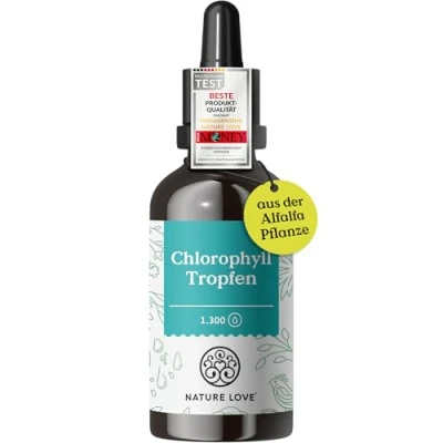 Abbildung von Flüssig Chlorophyll aus Alfalfa (50ml) hochdosiert mit 200mg Chlorophyllin ohne Jod Alternative zu Tabletten vegan, laborgeprüft und in Deutschland produziert