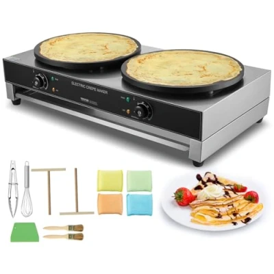 Abbildung von VEVOR elektrischer Crepemaker Crepe Maschine mit Doppelkopf 6000 W flache Grillplatte, antihaftbeschichteter fannkuchenherd aus Edelstahl, runder Cerealien Pfannkuchenherd, Temperaturregelung