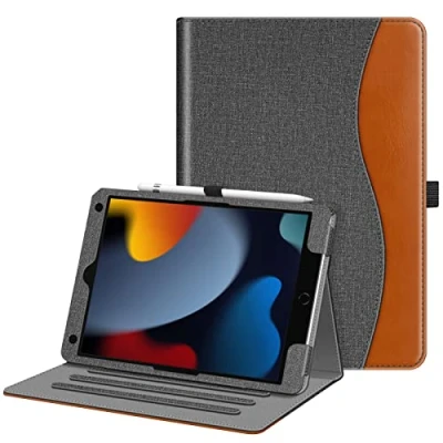 Abbildung von Fintie Hülle für iPad 9. Generation 2021/8. Gen 2020/7. 2019 10.2 Zoll, [Eckenschutz] Multi Winkel Betrachtung Folio Stand Schutzhülle mit Dokumentschlitze, Auto Sleep/Wake, Jeansoptik Grau