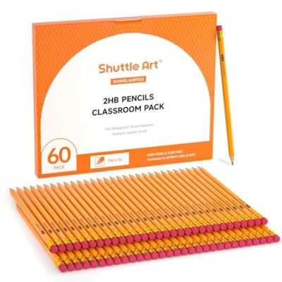 Abbildung von Shuttle Art HB Bleistifte, 60 Stück vorgespitzte gelbe bleistifte mit Radiergummi, Graphitstifte in Großverpackung, set für Kinder und Erwachsene zum Schreiben, Zeichnen Skizzieren