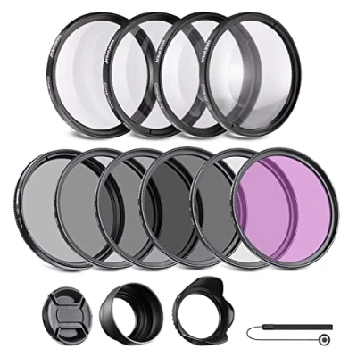 Abbildung von NEEWER 58mm ND Filter Set ND/CPL(Polfilter)/UV/FLD/Nahfilter Objektivzubehör ND2 ND4 ND8 Graufilter (+1/+2/+4/+10) Tulpen Blende, zusammenklappbarer Gummi Objektivdeckel, Filterbeute