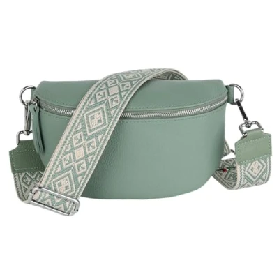 Abbildung von MIRROSI® Bauchtasche Damen, Echtleder, Made in Italy, Umhängetasche, Brusttasche, Crossbody Bag (1 Tasche &amp; 2 Gurte) (Mint (Karo), Mittelgroße (25x16x7cm))