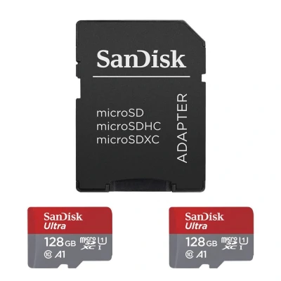 Abbildung von SanDisk Ultra microSDXC UHS I Speicherkarte 128 GB + SD Adapter 2er Pack (Für Smartphones und Tablets, A1, Class 10, U1, Full HD Videos, bis zu 140 MB/s Lesegeschwindigkeit) 10 Jahre Garantie