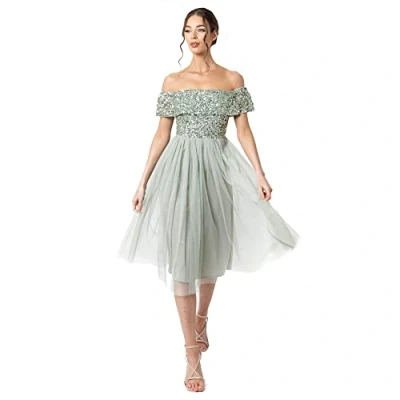 Abbildung von Maya Deluxe Damen Women&#039;s Bardot Dresses for Women Midi High Empire Waist Sequins Embellished Formal Eveni Bridesmaid Dress, Green Lily, 36 EU