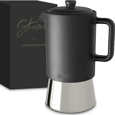 Abbildung von Steinzeit Espressokocher aus Keramik Espresso Kocher Induktion für alle Herdarten geeignet, 0.3l Kaffeekanne, Mokkakanne mit Edelstahl Basis und Kanne