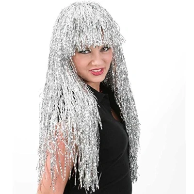 Abbildung von Fries Kostüm Perücke XXL Lametta 80iger Disco Gold oder Silber 60 cm lang Karneval