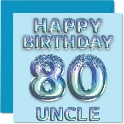 Abbildung von Stuff4 Geburtstagskarte zum 80. Geburtstag für Onkel Blaue Glitzer Partyballons Happy Birthday Karten 80 Jahre alten von Neffe Nichte, 145 mm x