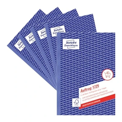 Abbildung von AVERY Zweckform 1725 5 Auftrag (A5, 2x40 Blatt, selbstdurchschreibend mit farbigem Durchschlag, zur systematischen Erfassung aller relevanten Auftragspositionen) 5er Pack, weiß/gelb