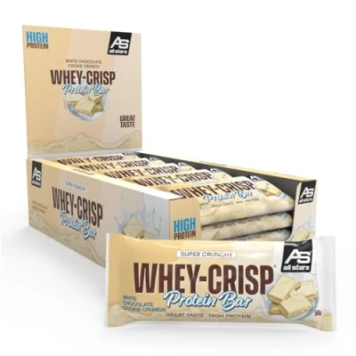 Abbildung von ALL STARS Whey Crisp Protein Bars White Chocolate Cookie Crunch Riegel überzogen mit Schokolade und verfeinert Crispies 15g Eiweiß pro 25x50g