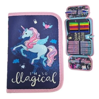 Abbildung von Theonoi Federmäppchen Federtasche Federmappe Mäppchen Etui 2 Fach Doppeldecker Schüleretui Stifteetui GEFÜLLT (Einhorn Magic)
