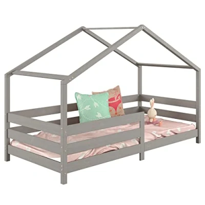Abbildung von IDIMEX Kinderbett RENA, Hausbett Montessori Bett 90 x 200 Rausfallschutz Kiefer gra