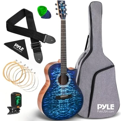 Abbildung von Pyle Akustik Gitarre Akustische für Anfänger, Guitar Acoustic, Western Erwachsene mit Stimmgerät, Tasche &amp; Set, hochwertige Cutaway, 104cm, Blau