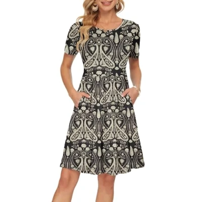 Abbildung von AUSELILY Freizeitkleid Damen Kleider Sommerkleid Kurzarm Plissee Loose Swing mit Knielangen Taschen Boho Floral Schwarz L