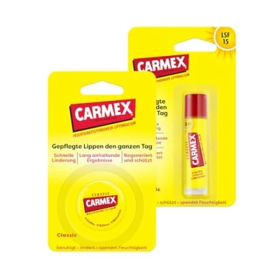 Abbildung von Carmex Classic Stick und Tiegel Lippenpflege für trockene Lippen, Lippenbalsam feuchtigkeitsspendend beruhigend rissige mit Vaseline, Vitamin E Bienenwachs (2er Set)