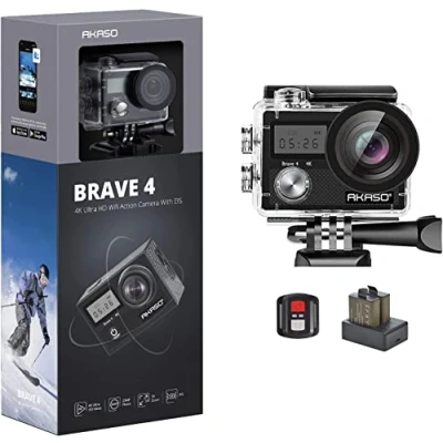 Abbildung von AKASO Action Camera 4K 20MP Kamera/Unterwasserkamera mit Bildstabilisierung Zoom Zeitraffer, 30m Camcorder Fernbedienung 2 Akkus und Zubehör Kit