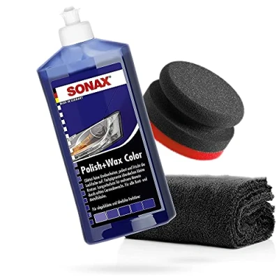 Abbildung von detailmate SONAX Hand Polier Set Polish+Wax Color blau 500ml + Handpolierschwamm Puck im Verbundaufbau hart Ø90/50mm Edgeless Superflausch Mikrofaser Poliertuch 550GSM