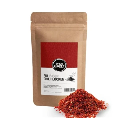 Abbildung von Spicy Welt Pul Biber Chiliflocken Scharf (250g) Scharfe in Premium Qualität für Döner, Kebap &amp; Würzige Gerichte Intensiver Geschmack 100% Naturrein, Ohne Zusätze