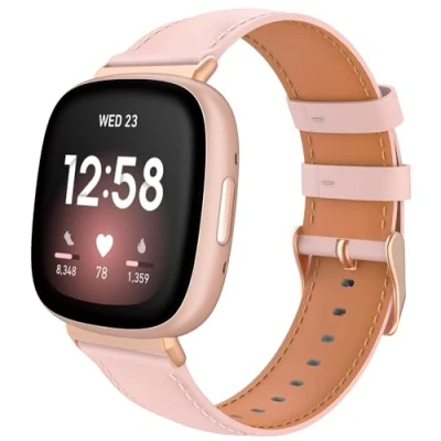 Abbildung von TiMOVO Leder Armband Kompatibel mit Fitbit Versa 4/Fitbit 3/Fitbit Sense 2/Sense Uhrenarmband, Genarbtes Echtes Klassisches Ersatzarmband für Damen und Herren, Rosa