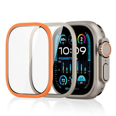 Abbildung von ESR Armorite Schutzfolie für Apple Watch Ultra 2/1 (2024/2023/2022, 49 mm), Displayschutz aus Gehärtetem Glas mit Aluminiumrahmen, Vollflächiger Schutz, Kratzfest, Titanmetall+Orange, 2 Stück