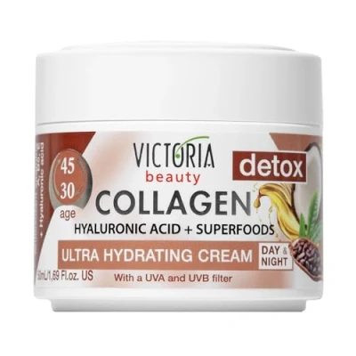 Abbildung von Victoria Beauty Collagen Creme mit Hyaluronsäure, straffende Gesichtscreme Kollagen, Hyaluron, Superfoods und Niacinamide, Augencreme gegen Falten, dunkle Augenringe Tränensäcke, 2 x 50ml