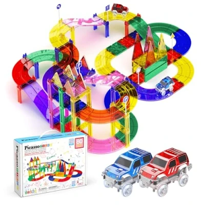 Abbildung von PicassoTiles 80 Stück Rennauto Track Baustein Pädagogisches Spielzeug Set Magnetische Fliesen Magnet DIY Spielset 2 Leuchtende Auto STEM Lernen Bauset Hand Auge Koordination Feinmotorik Training