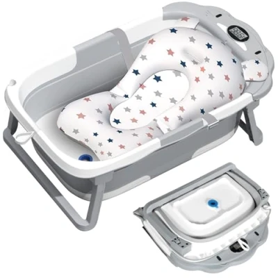Abbildung von ITMNMNL Faltbare Babybadewanne,Baby Badewanne,Babybadewanne Faltbar mit Thermometer,Baby Bathtub Babywanne Sitzmatte,Baby Badewanne,Badewanne Baby,Geburtsgeschenk für Babys von 0 36 Monaten