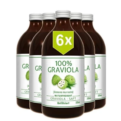Abbildung von 6 x 100% Graviola Frucht Saft unfiltriert &amp; vegan (6 500ml), aus Püree. Vorteilskauf. Stachelannone, Soursop, Corossol, Guanabana.