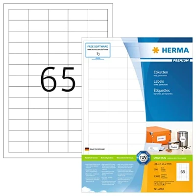 Abbildung von HERMA 4606 Universal Etiketten, 200 Blatt, 38,1 x 21,2 mm, 65 pro A4 Bogen, 13000 Stück, selbstklebend, bedruckbar, matt, blanko Papier Klebeetiketten Aufkleber, weiß