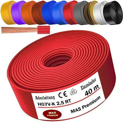 Abbildung von MAS Premium Aderleitung H07 V K 1x2,5 mm² HBL GRGE RT DBL BR OR GR WS VIO oder GE Einzelader flexibel Von 5 bis 100m (Rot, 40m)