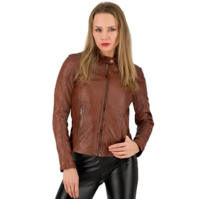 Abbildung von URBAN 5884 Damen Lederjacke, GIGI, Weich und eng Anliegend, Handgearbeitet, Cognac, M